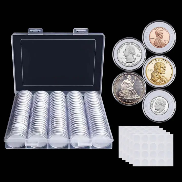 100-Pack Clear 30mm Coin Capsules with Foam Inserts & Organizer Box