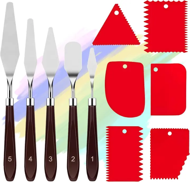 11-Piece Painting Palette Knife Set — 5 Stainless Blades + 6 Plastic Scrapers
