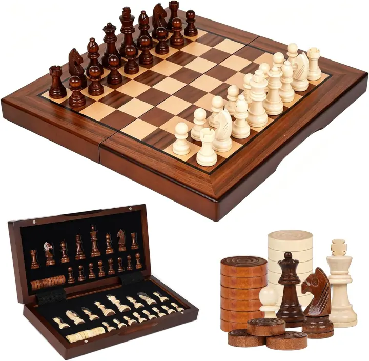 12" Folding Wooden Magnetic Chess & Checkers Travel Set