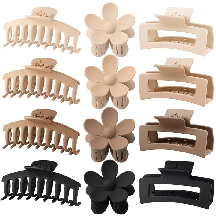12-Pack Large Matte Hair Claw Clips — Flower, Square & Rectangle