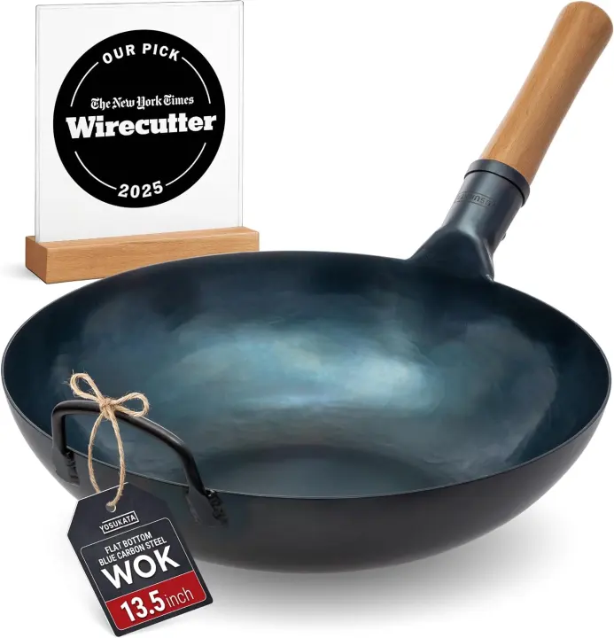 13.5" Pre-Seasoned Blue Carbon Steel Flat-Bottom Wok for Stir-Fry