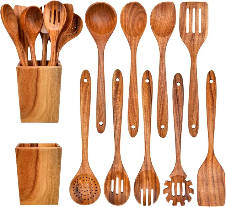 13-Inch Teak Wooden Cooking Utensils Set with Holder — 10-Piece