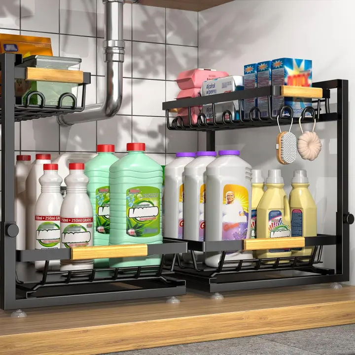 2-Pack 2-Tier Height-Adjustable Under-Sink Organizer — Metal Shelves