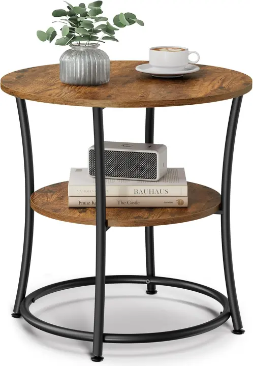2-Tier Round Side Table — Steel Frame Accent Table, Rustic Brown
