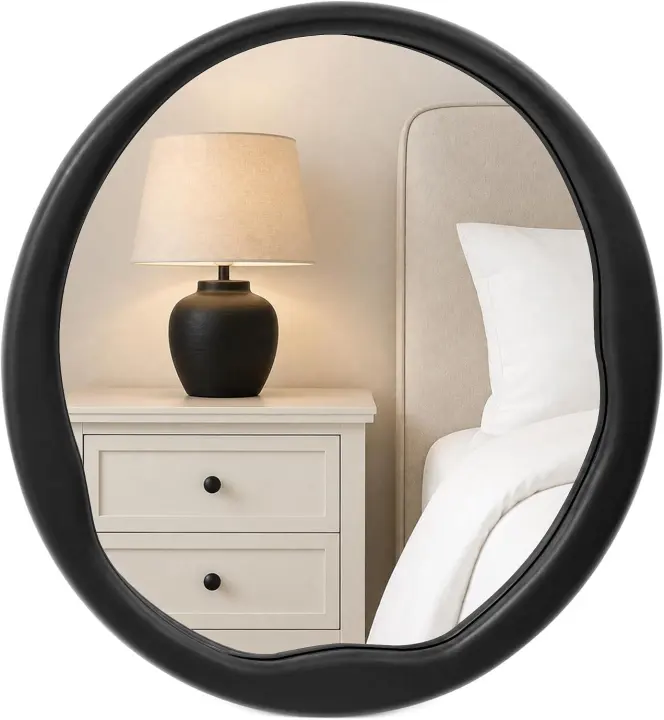24-Inch Matte Black Round Solid Wood Wall Mirror with Wavy Inner Edge