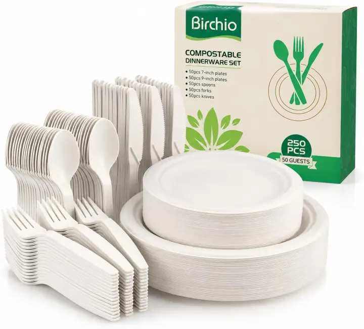 250-Piece Compostable Paper Dinnerware Set with Extra-Long Utensils