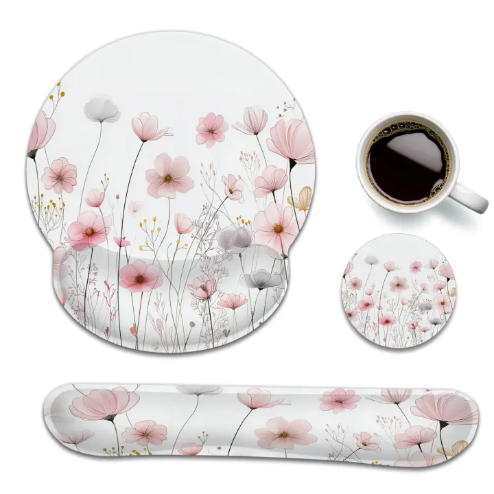 3-Piece Ergonomic Desk Set — Mouse Pad, Keyboard Wrist Rest & Coaster (Pink Floral)