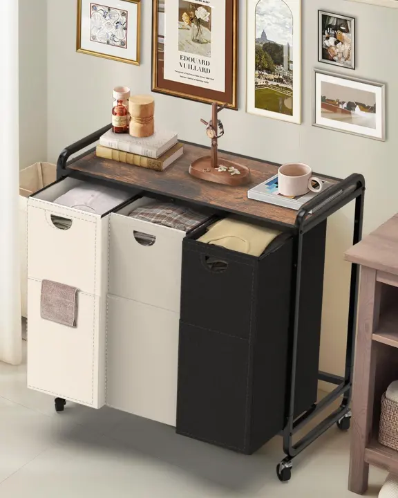 3-Section Rolling Laundry Sorter with Wooden Top Shelf