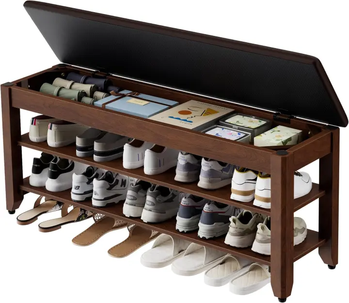 39.4" Solid Wood Shoe Rack Bench with Flip-Top Storage & Cushion