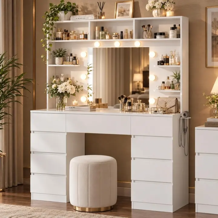 43" Lighted Makeup Vanity Desk with Mirror & 9 Drawers
