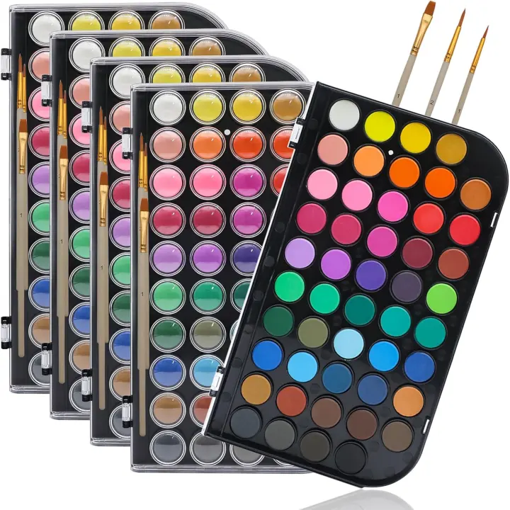 48-Color Watercolor Pan Set with Brushes — Portable Travel Kit