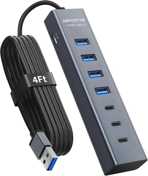 4ft 7-Port USB 3.0 Aluminum Hub — 4×USB‑A + 3×USB‑C