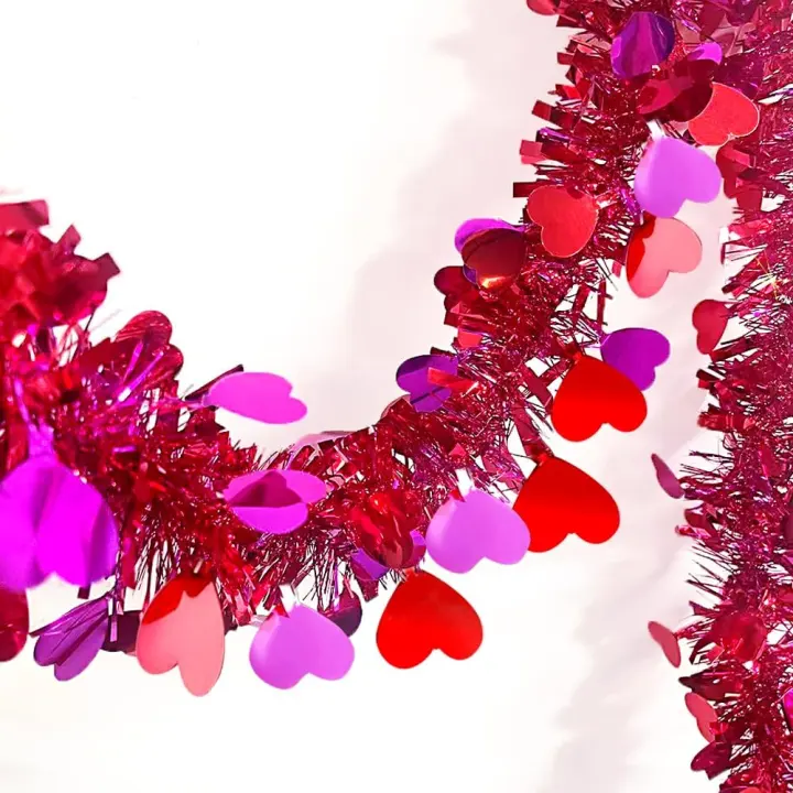 66 ft Valentine Tinsel Garland — Thick Metallic Heart Decoration