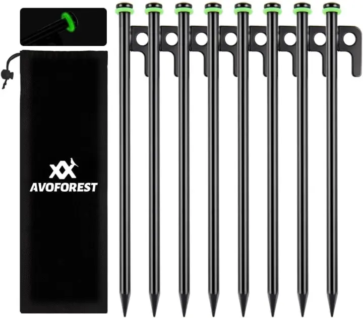 8" Heavy-Duty Forged Steel Tent Stakes — 8 Pack with Glow Rings