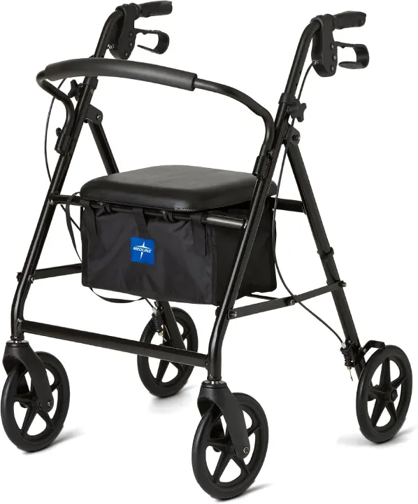 Aluminum Rollator Walker — 8" Wheels, Padded Seat & Back, 300 lb Capacity