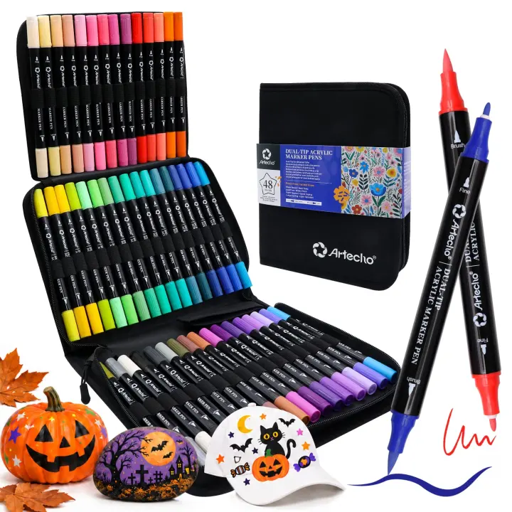Artecho Dual-Tip Acrylic Paint Markers — 48-Color Set with Pouch