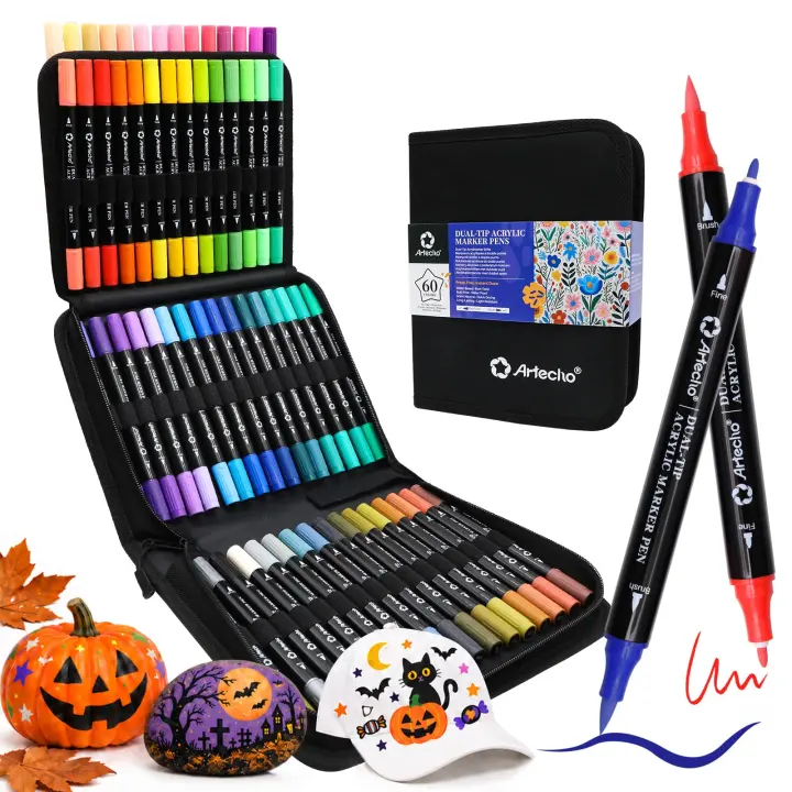 Artecho Dual-Tip Acrylic Paint Markers — 60 Colors with Carry Bag