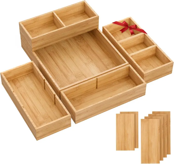 Bamboo Drawer Organizer Set — 5-Piece Stackable Trays with Dividers