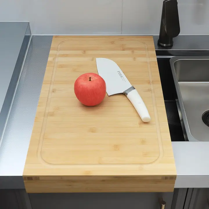 Bamboo Over-Sink Cutting Board 12.6x22 — Detachable Lip & Reversible