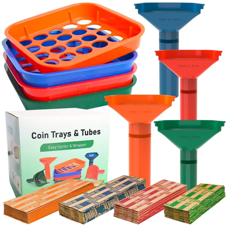Coin Sorting Tray & Tube Kit — 4 Trays, 4 Tubes, 100 Wrappers