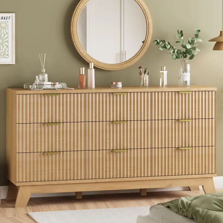 Fluted 9-Drawer Wooden Dresser — 57in Wide Modern Chest