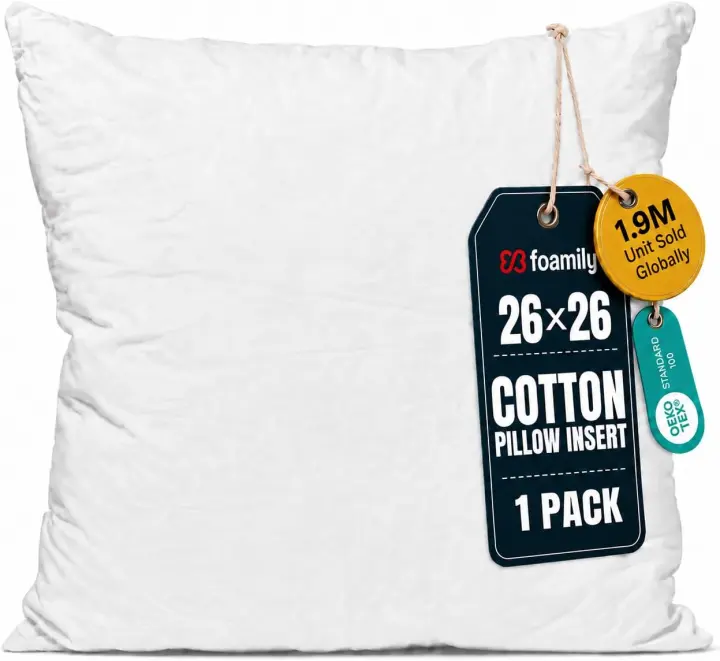 Foamily 26x26 Euro Pillow Insert — Cotton Cover, Down-Alternative Fill