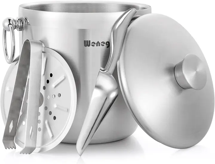 Insulated Stainless Steel Ice Bucket with Lid, Scoop, Tongs & Strainer