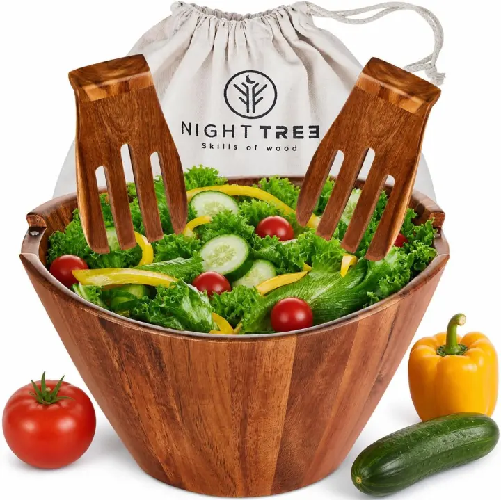 Large Acacia Wooden Salad Bowl Set with Magnetic Serving Forks