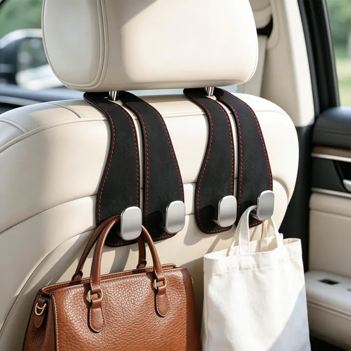 Leather-Wrapped Double Headrest Hooks — 2-Pack Purse & Bag Hangers