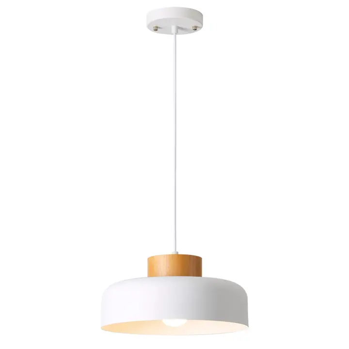 Modern Pendant Light (12.6") with Real Wood Cap — White Metal Shade
