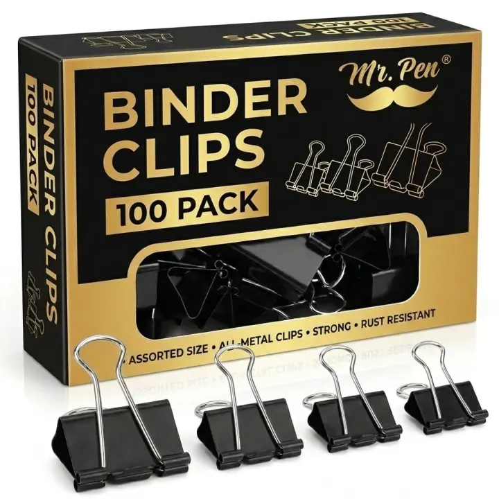 Mr. Pen 100-Pack Black Binder Clips — Assorted Sizes
