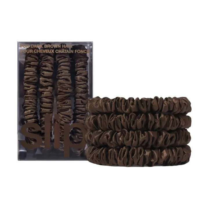 Mulberry Silk Skinny Hair Ties — Set of 4 (Dark Brown)