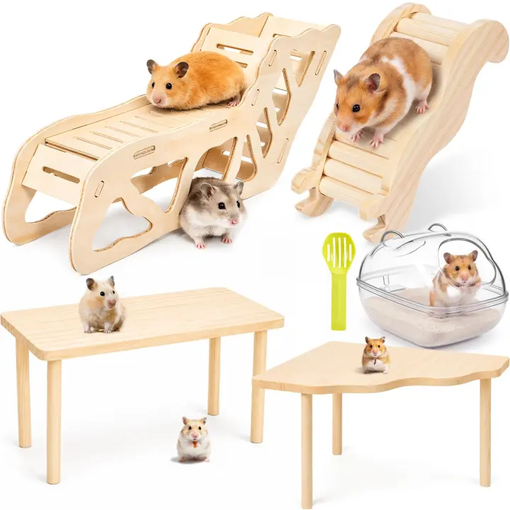 Natural Wood Hamster Play Set — Platforms, Ladder, Tunnel & Bath