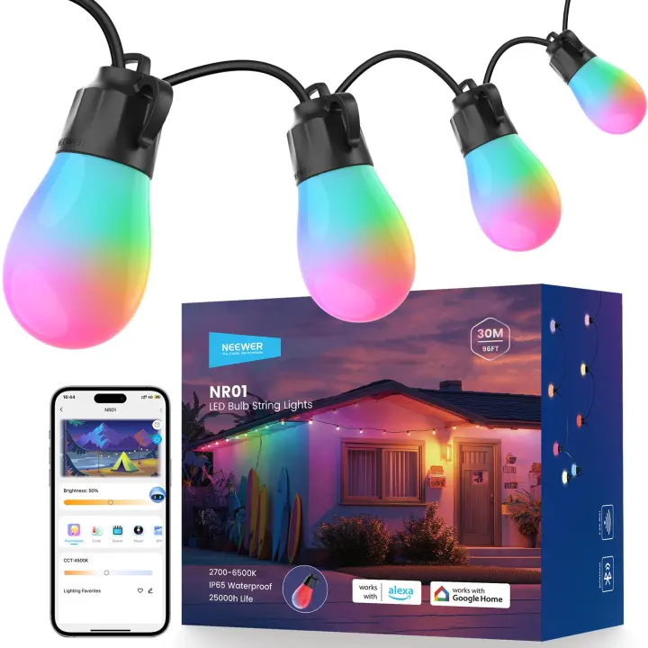 NEEWER NR01 Smart RGBW Outdoor String Lights — 96 ft, 30 Bulbs