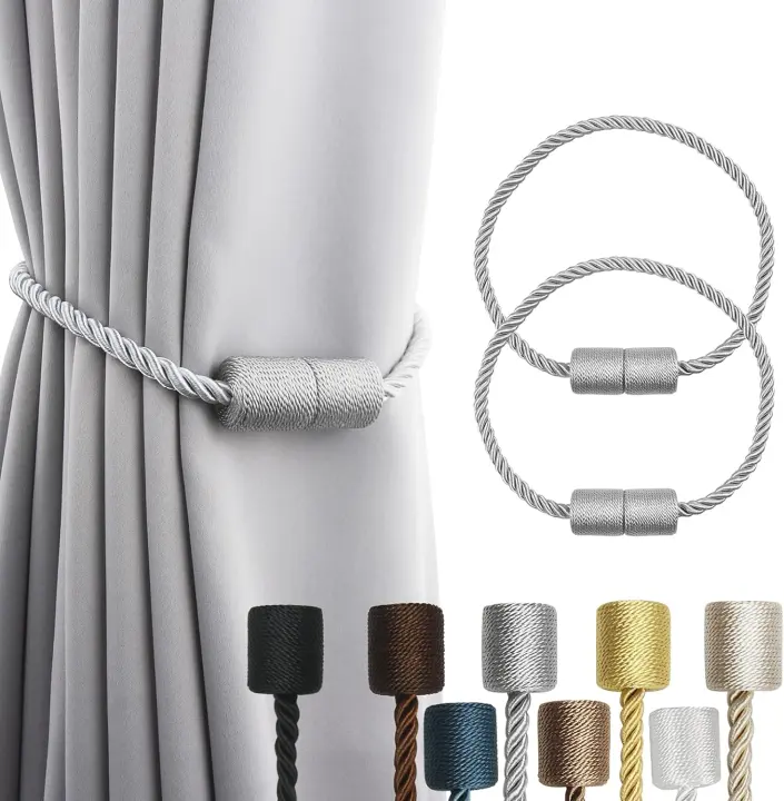 Porlau 2-Pack Grey Magnetic Rope Curtain Tiebacks — Modern Drapery Holdbacks