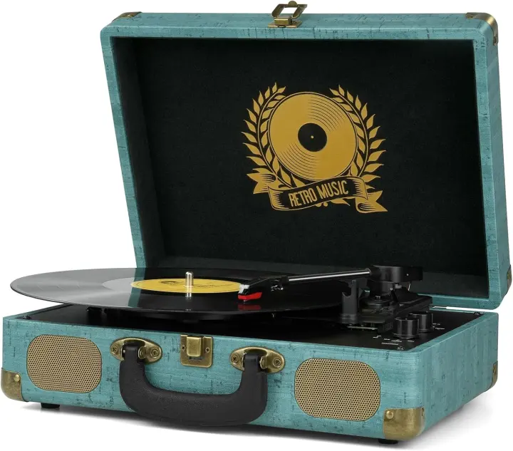 Portable 3-Speed Bluetooth Suitcase Turntable with Built-In Speakers