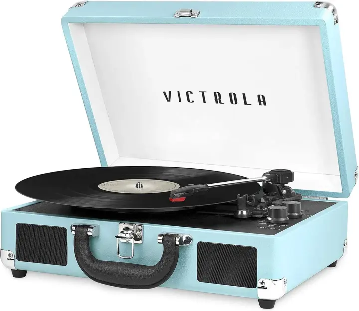 Portable Suitcase Turntable with Bluetooth — Turquoise 3-Speed Record Player