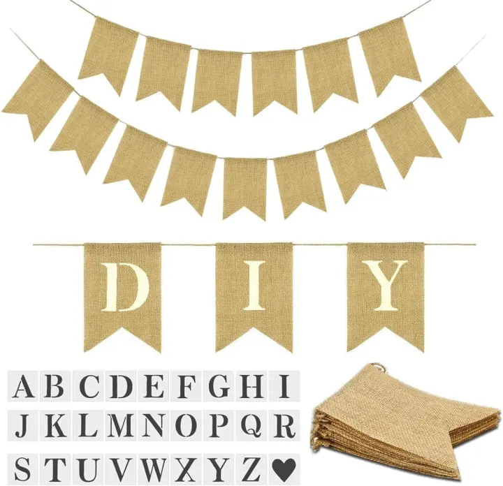 Pre-Strung Burlap Letter Banner Kit — 15 Flags + A–Z Stencils