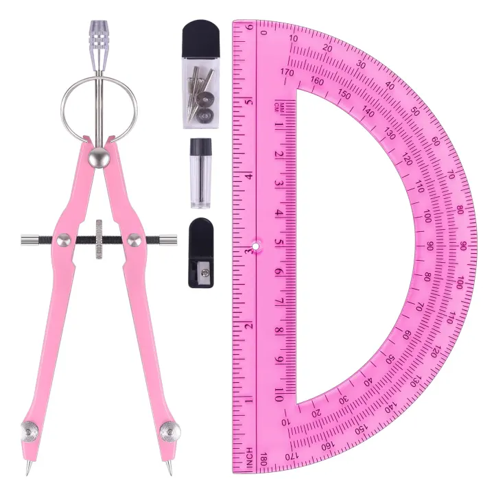 Professional Geometry Compass and 6-Inch Protractor Set (Pink)