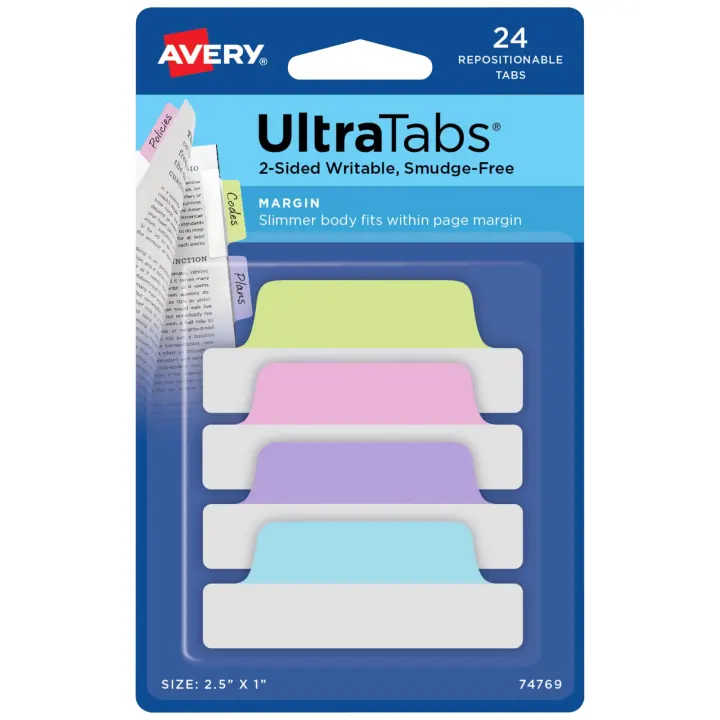 Repositionable Margin Tabs — 2.5 x 1 in Clear Pastel Page Flags (24)