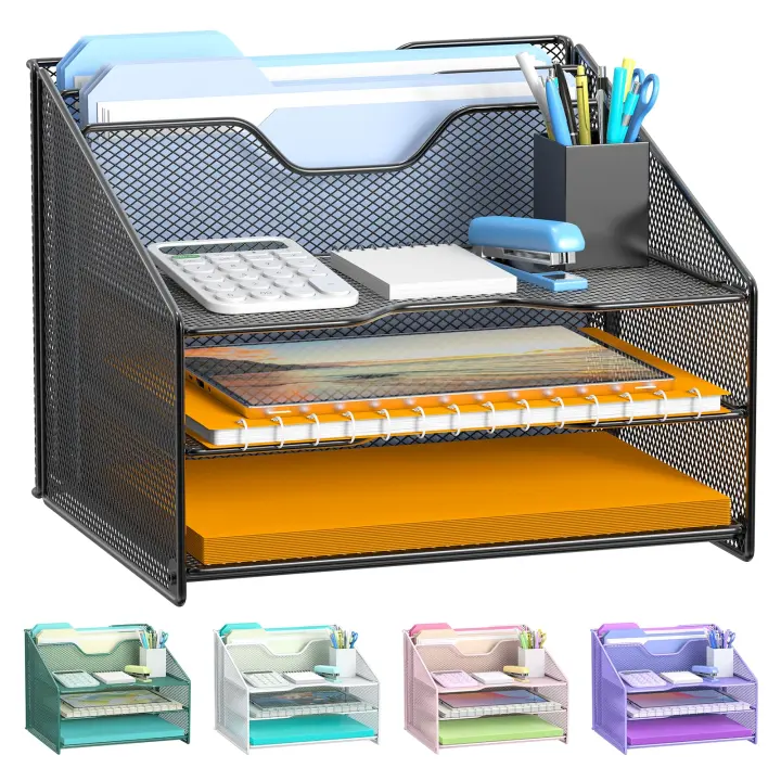 Samstar Mesh Desk File Organizer — 3-Tier Trays + 2 Vertical Slots