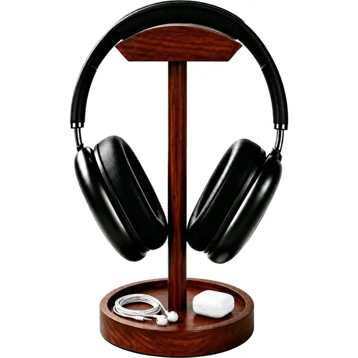 Solid Wood Headphone Stand — Desktop Headset Hanger with Groove