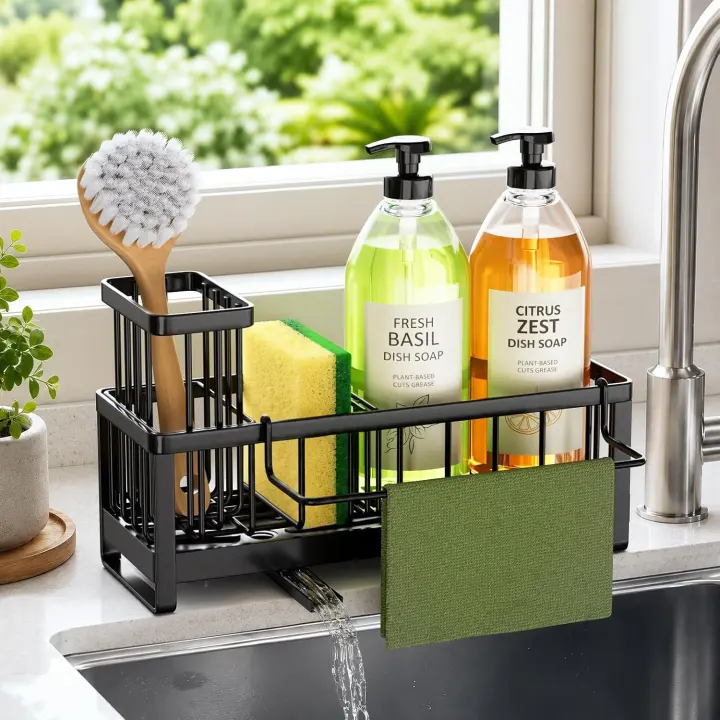 Stainless Steel Sink Sponge Caddy with Rotating Drain & Holders