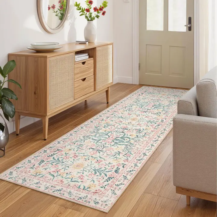 Washable Floral Runner Rug 2'6" x 8' — Pink Boho Hallway Runner