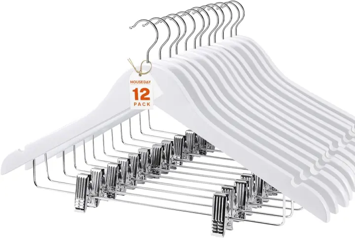 Wood Hangers with Clips — 12-Pack Wooden Suit & Pant Hangers, White