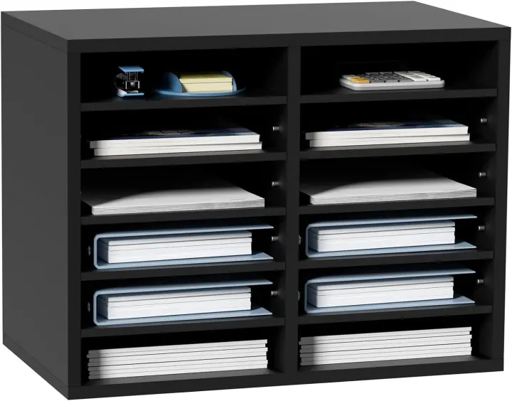 Wooden 12-Compartment Literature Organizer with Adjustable Shelves