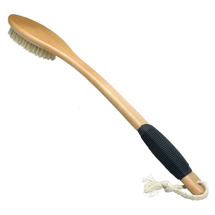 Wooden Long-Handle Bath Brush — Curved Back Scrubber with Natural Bristles