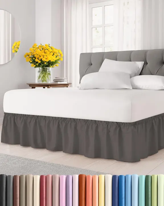 Wrap-Around Dust Ruffle Bed Skirt — King 12" Dark Gray, Elastic Fit